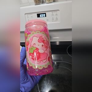 Handmade Pink Hello Kitty Glitter Tumbler With Strawberries